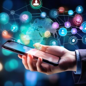 Holding a cell phone with icons floating in the background