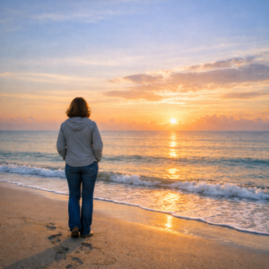 Woman looking out at the ocean at sunset